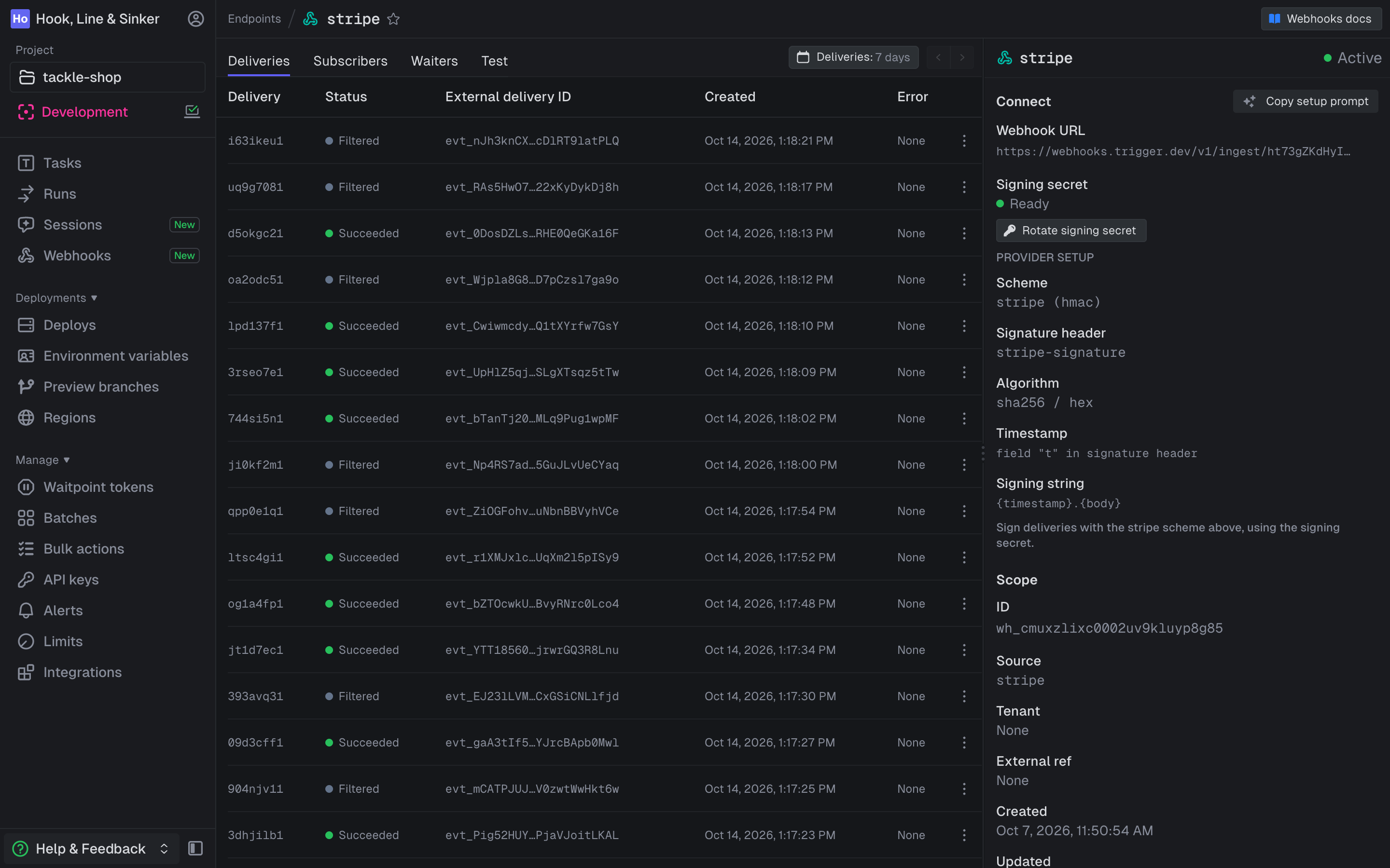 The Stripe endpoint's page in the Trigger.dev dashboard: recent deliveries on the left, and on the right the webhook URL, a signing secret marked Ready, and a Copy setup prompt button.