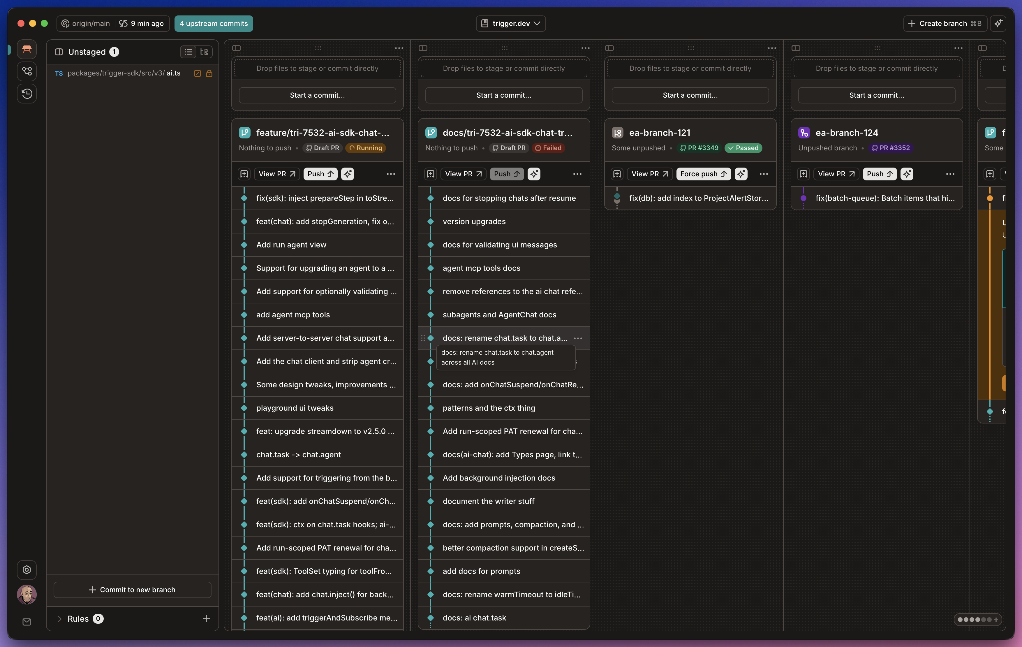 GitButler UI showing multiple branches applied to the workspace simultaneously