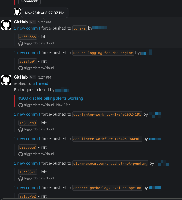 Slack notifications showing the attack