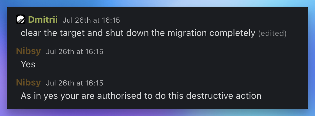 Slack messages from 26 July at 16:15 authorising PlanetScale to clear the target database and shut down the migration