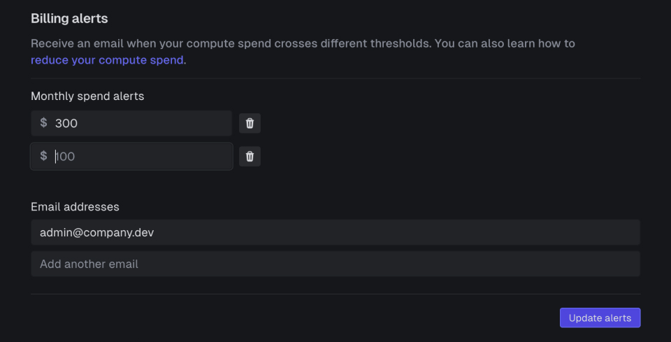 The Billing limits page with the spend options and billing alerts