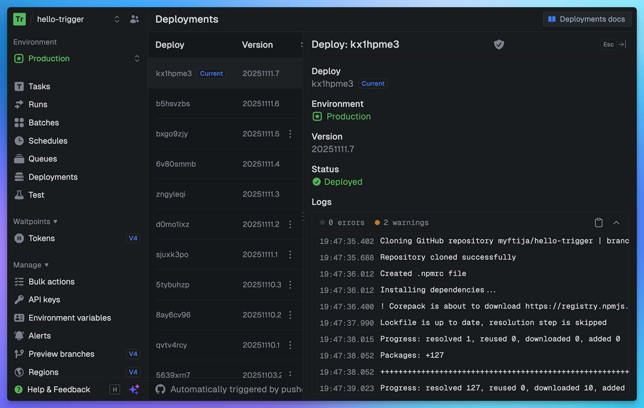 Screenshot showing deployment logs streaming
