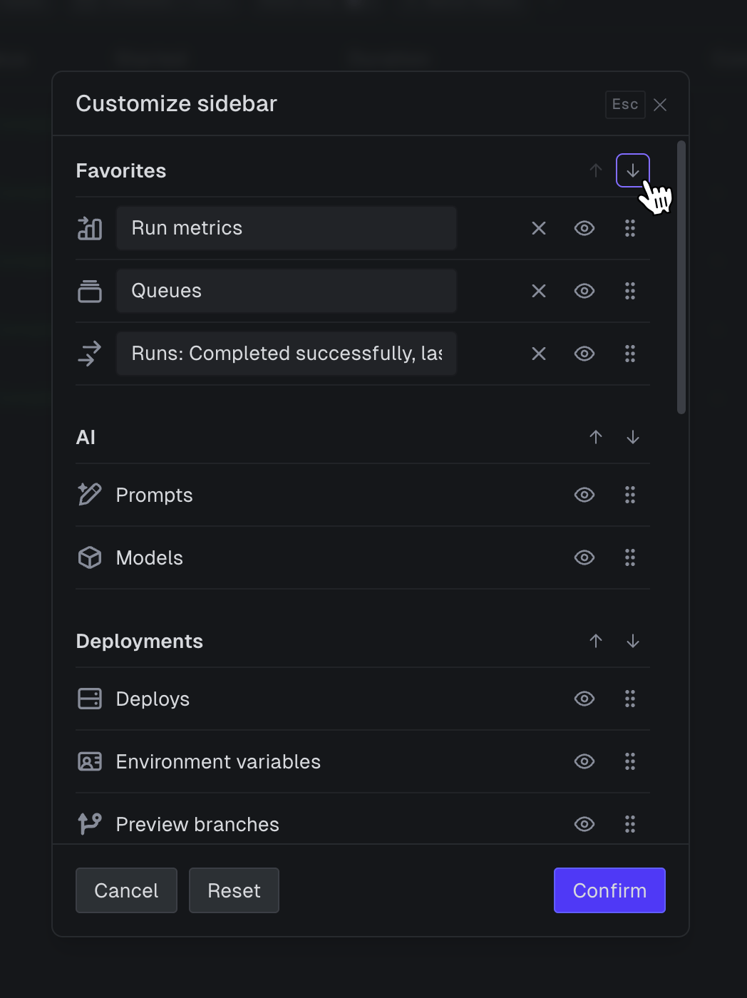 The Customize sidebar panel: rename favorites inline, hide items with the eye toggle, drag to reorder, and move whole sections up or down