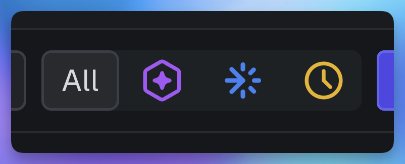 Task type filter with distinct icons for agent, standard, and scheduled tasks