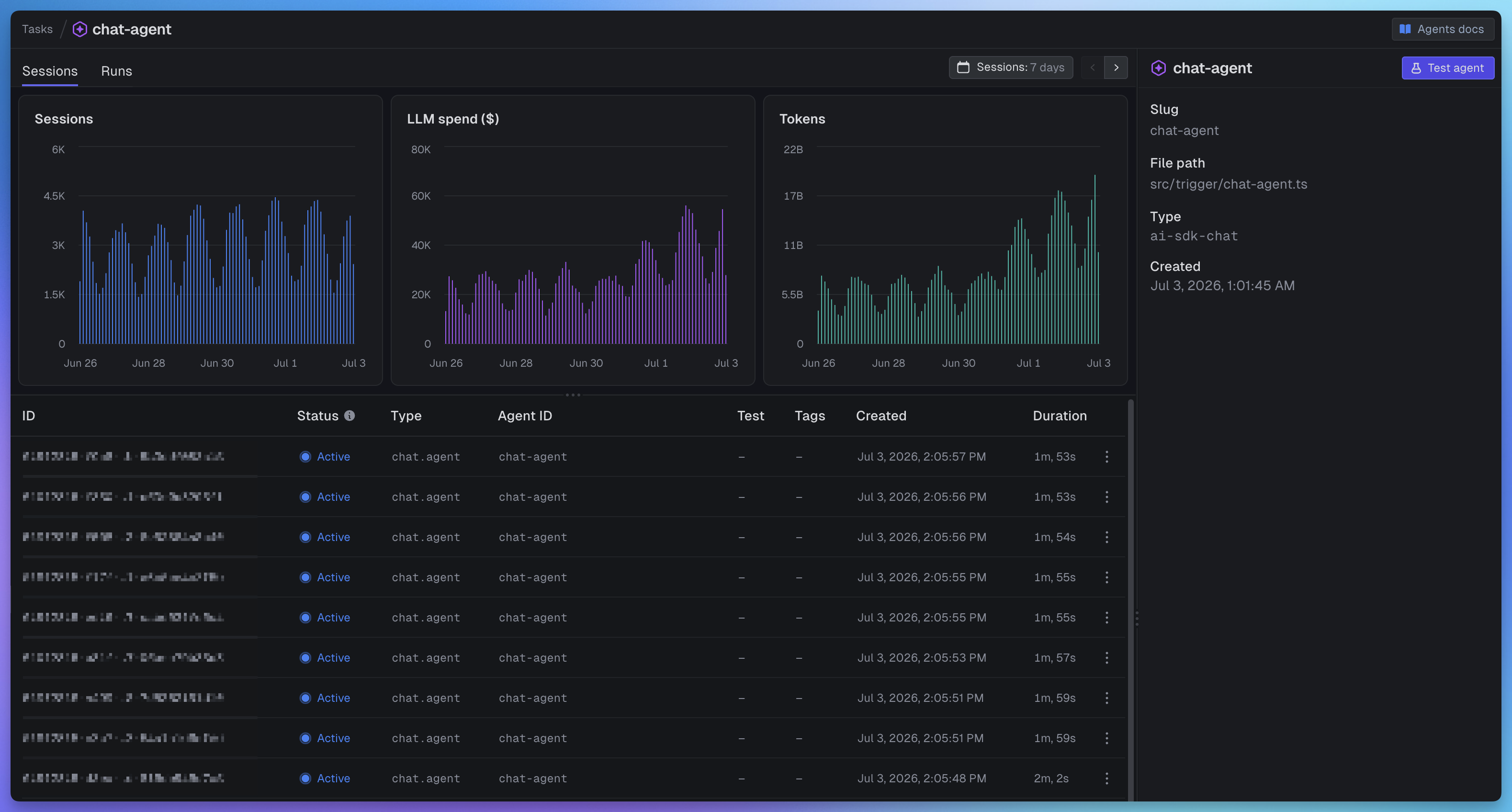 New task overview page with metrics, a list of runs, task metadata, and a test button