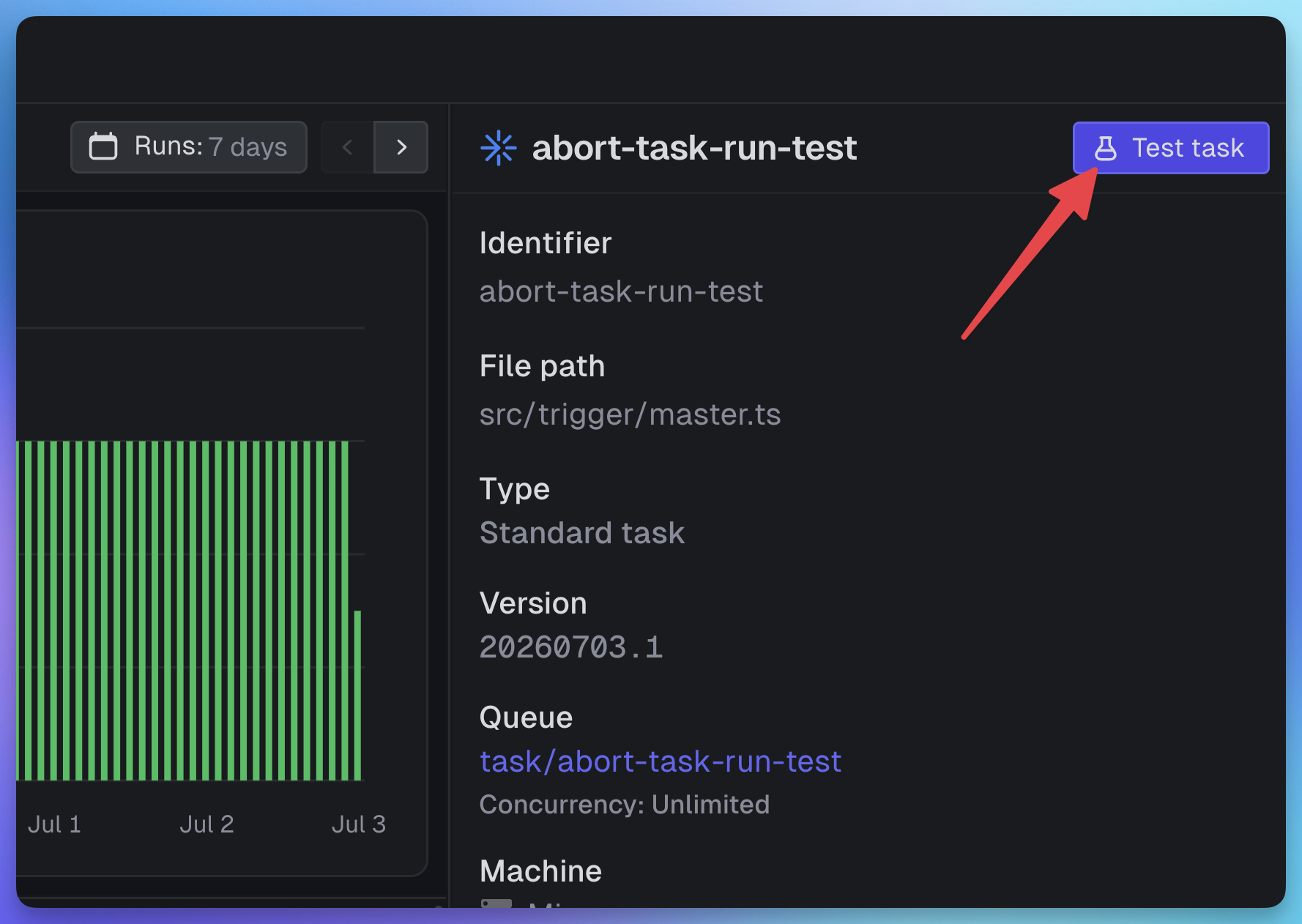 Test button in the top right of the task overview page