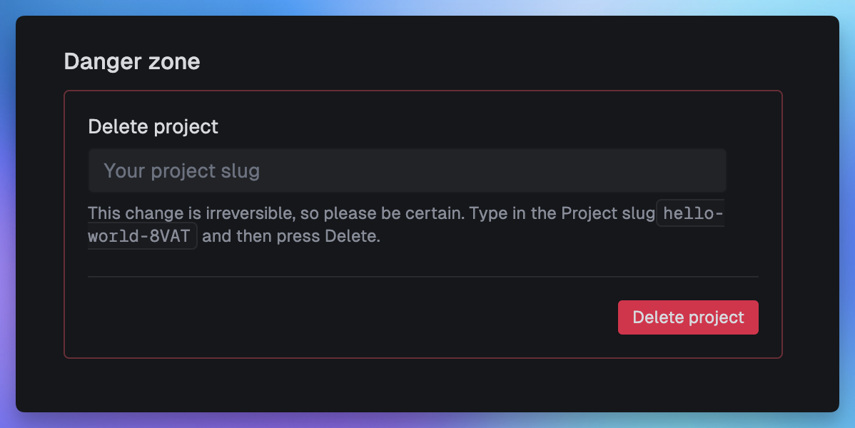 Delete project button