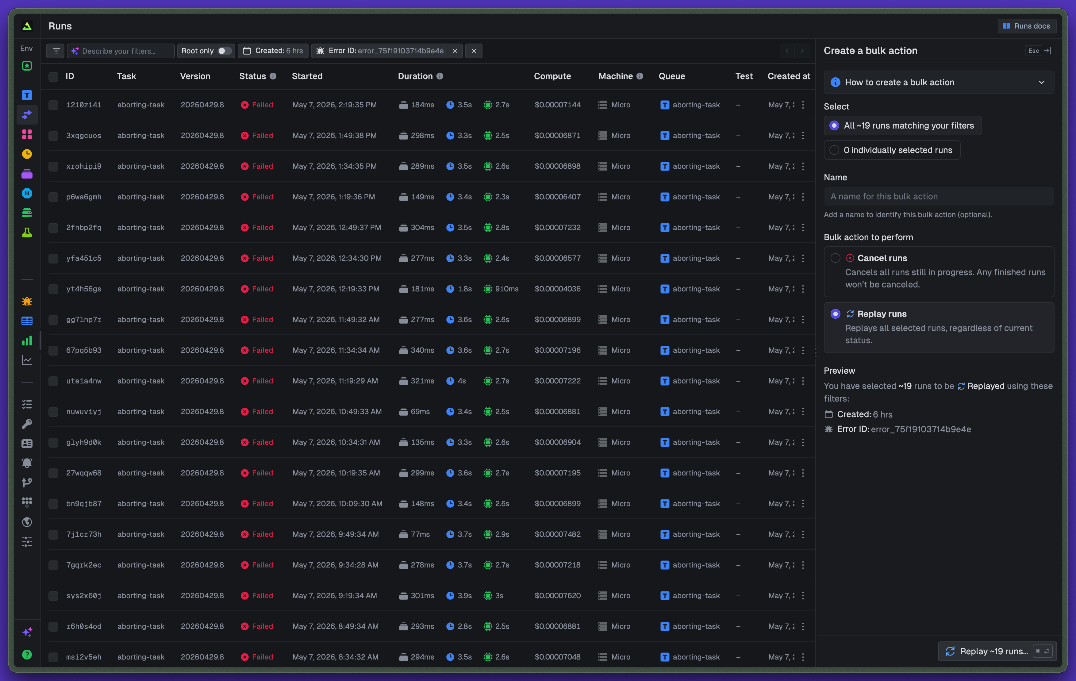Bulk replay flow on an error group