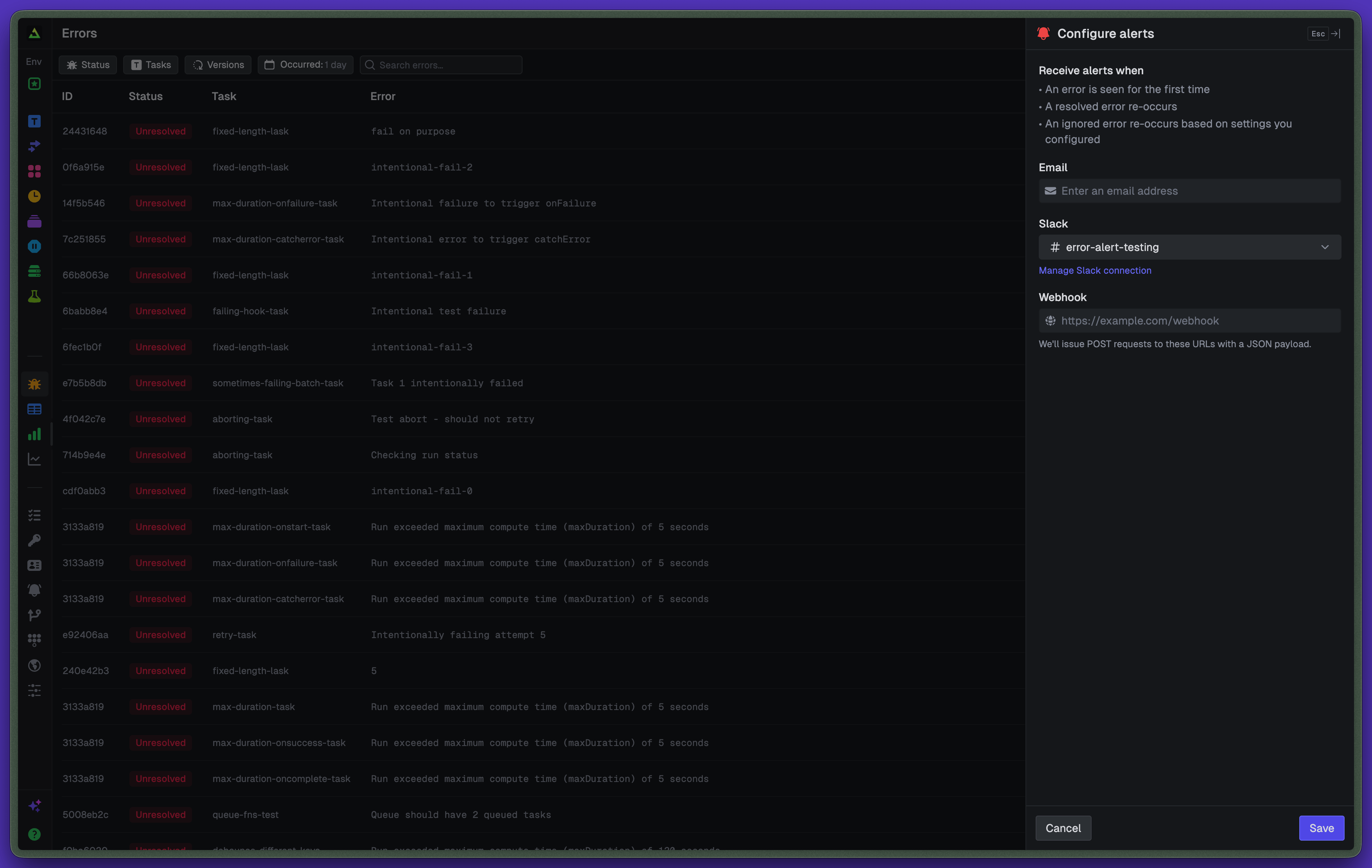 Configure error alerts