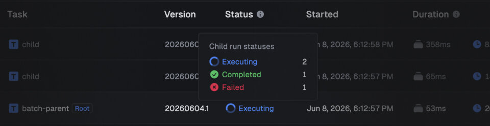 Parent run tooltip showing a live breakdown of child-run statuses