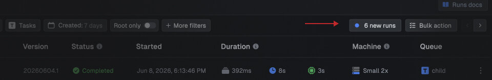 Notification banner showing the count of new runs at the top of the list