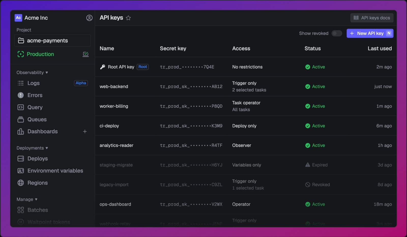 Multiple API keys per environment