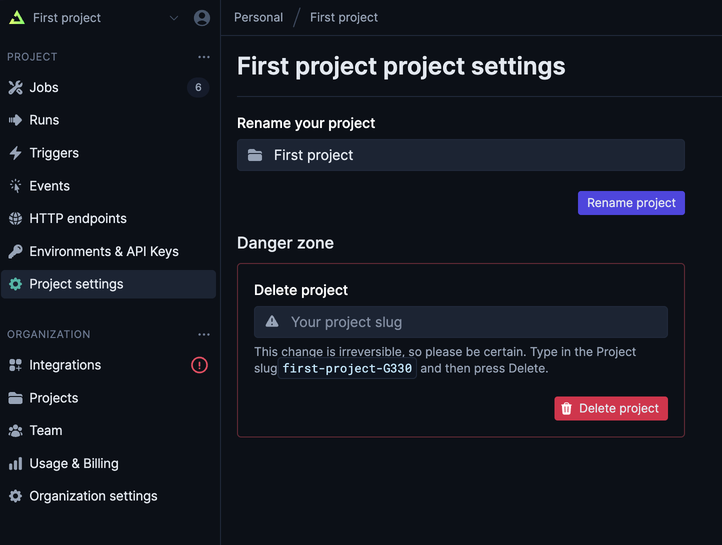 Project settings in the sidebar