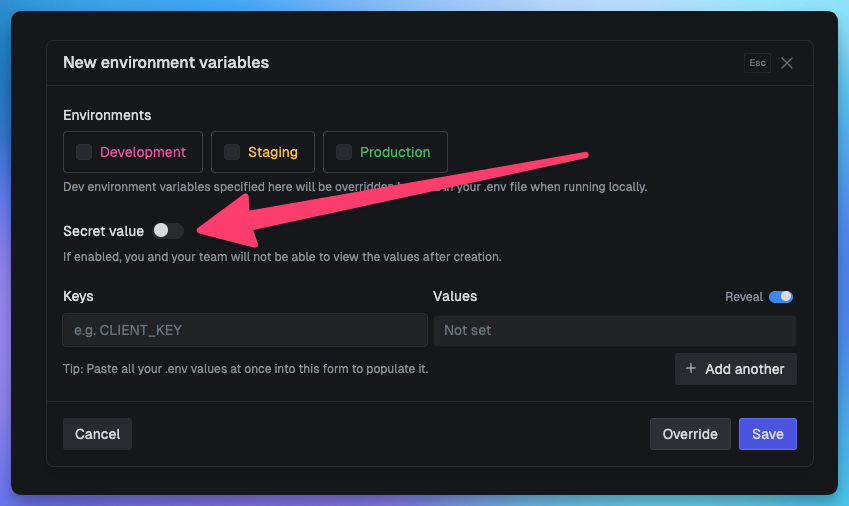 Create secret environment variable modal