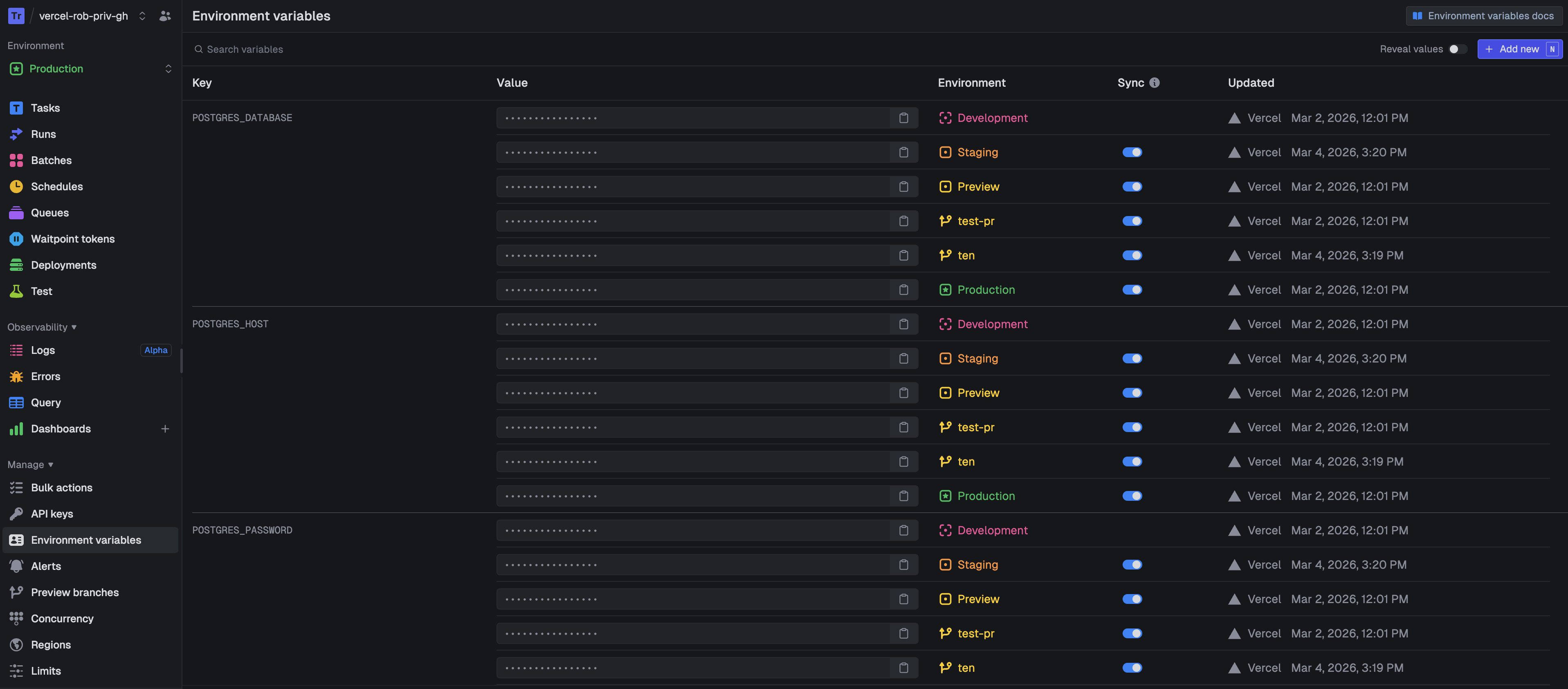 Trigger.dev environment variables page