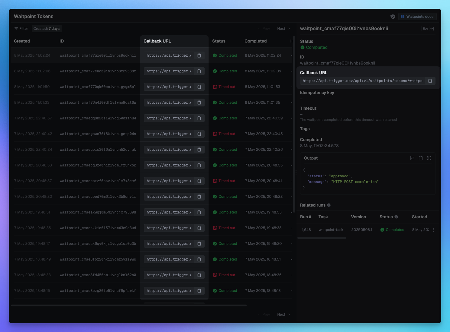 Waitpoint tokens page