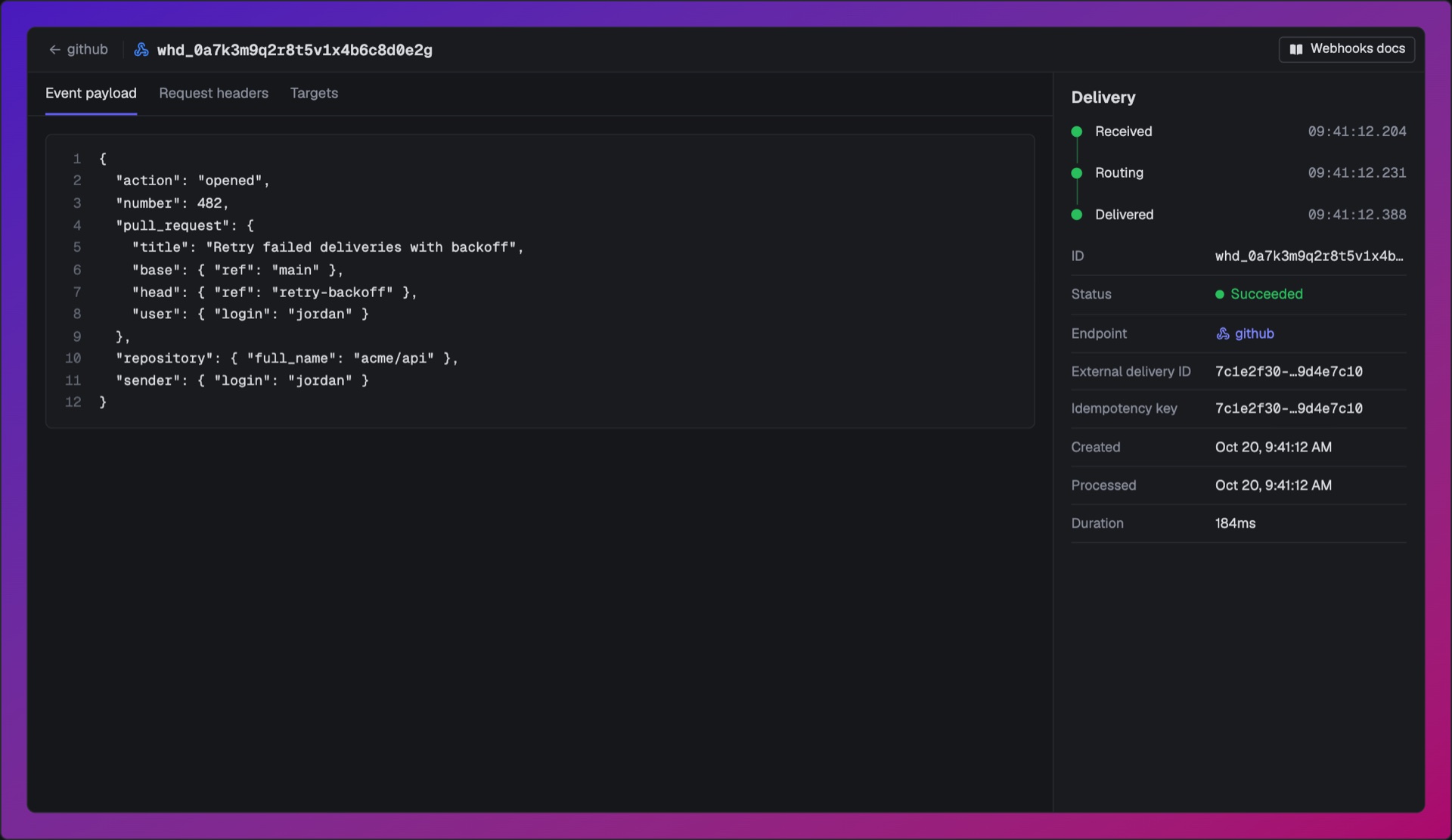 A webhook delivery in the dashboard: its payload, routing timeline and status