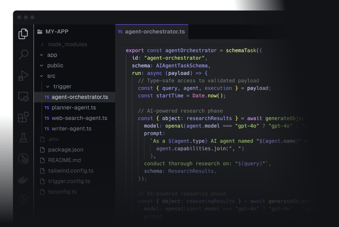 TypeScript IDE showing type-safe AI agent code with intellisense and error checking