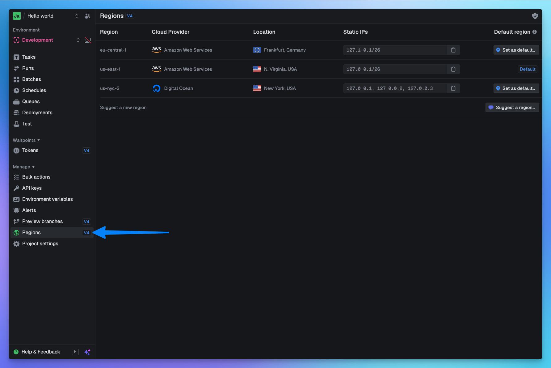 Regions dashboard page