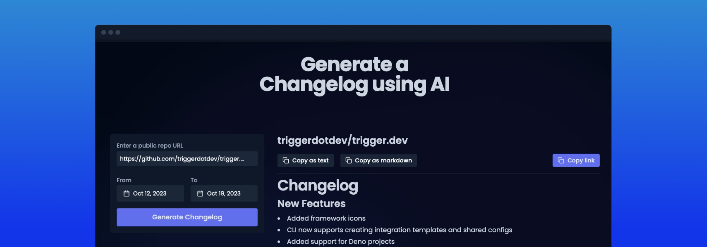 Generate a changelog from GitHub commits using AI